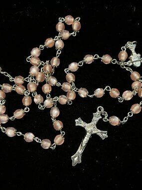 Pink Bead and Silver Tone Crucifix Rosary